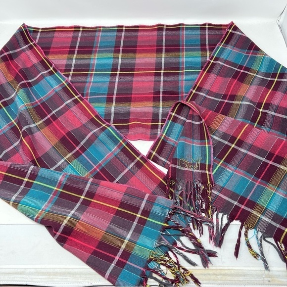 O’Neill Unisex Aqua Plum Tartan Plaid Lightweight Rectangular Scarf with Fringe - Picture 7 of 7